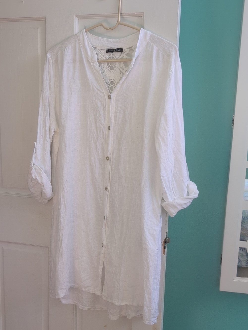White Button-Front Linen Dress/Top/Bathing Suit Cover Up with Lace Back